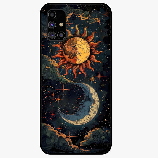 Sun And Moon Magic Design Glass Case showing flat back view with mystical sun and moon artwork and glossy glass finish.