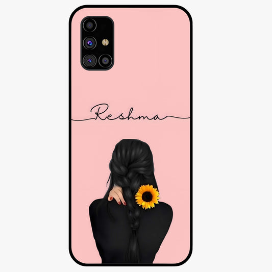 Sunflower Braid Beauty With Custom Name Glass Case showing flat back view with sunflower braid artwork and personalized name design.