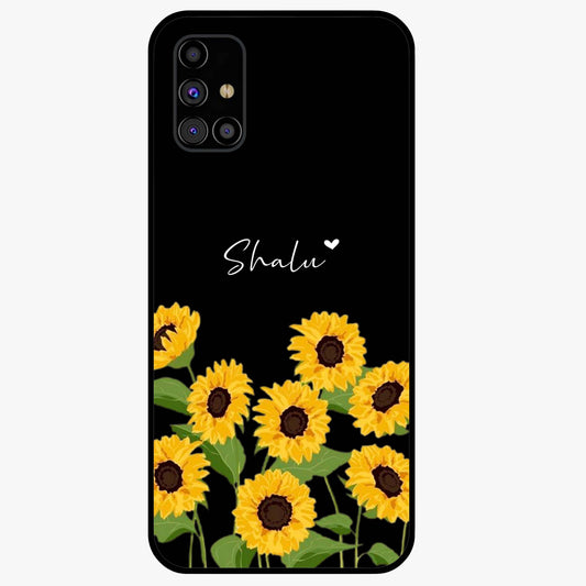 Sunflower Chic Mood Custom Name Glass Case showing flat back view with stylish sunflower artwork and personalized name design.
