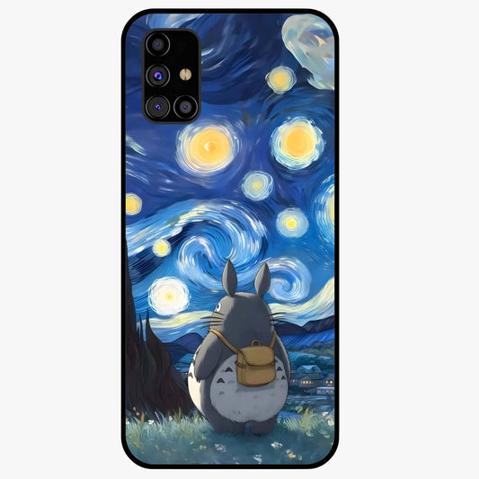 Totoro In Van Gogh Art Glass Case showing flat back view with whimsical character artwork inspired by Van Gogh style and glossy glass finish.