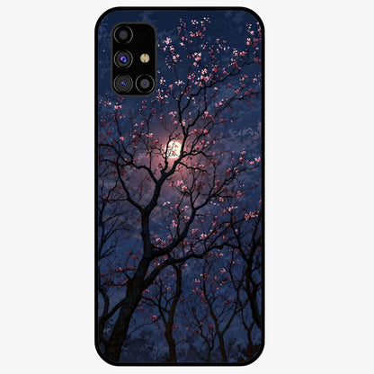 Twilight Sakura Serenade Glass Case showing flat back view with cherry blossom artwork at twilight and glossy glass finish.