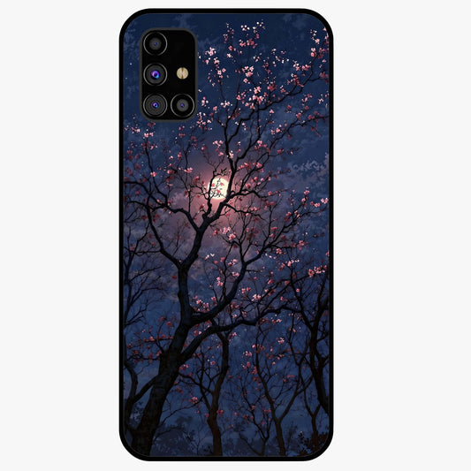 Twilight Sakura Serenade Glass Case showing flat back view with cherry blossom artwork at twilight and glossy glass finish.
