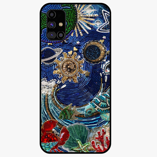 Universe Underwater Spark Glass Case showing flat back view with cosmic underwater themed artwork and glossy glass finish.