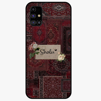 Velvet Wine Pattern Custom Name Glass Case showing flat back view with elegant wine colored pattern artwork and personalized name design.