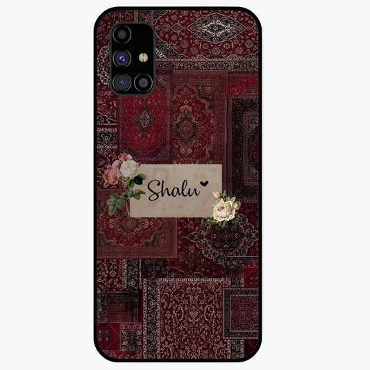 Velvet Wine Pattern Custom Name Glass Case showing flat back view with elegant wine colored pattern artwork and personalized name design.