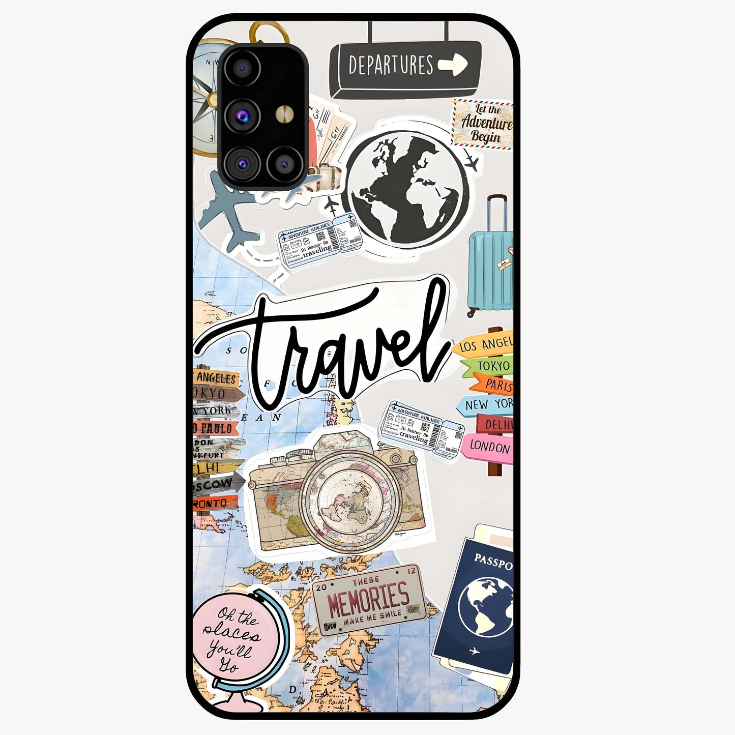 Wanderlust Journal Glass Case showing flat back view with travel inspired artwork and glossy glass finish.