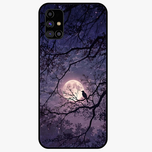 Whispering Moon Silence Glass Case showing flat back view with serene moon themed artwork and glossy glass finish.