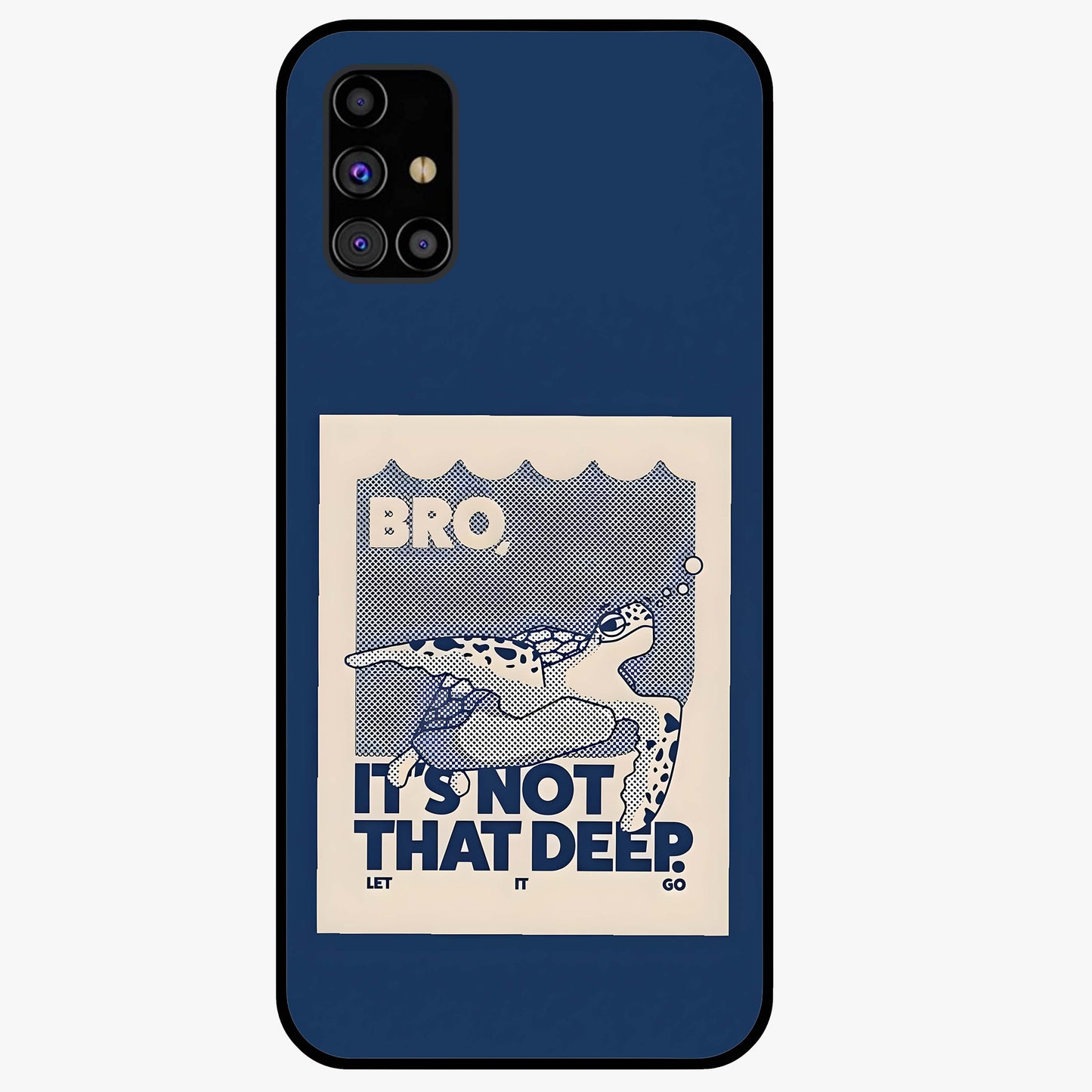 Worry Less Swim Glass Case showing flat back view with playful motivational artwork and glossy glass finish.