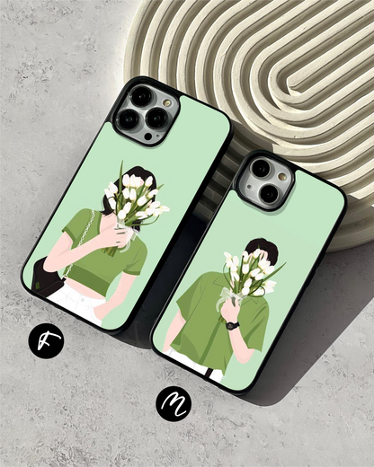 Green Couple with Flower  Glass Case ( 2 FREE Keychains )