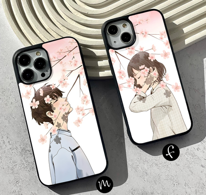 Pink Blooming Flower Couple Glass Case