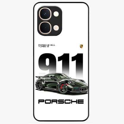911 Turbo Dominance Glass Case showing clean flat back view with bold 911 sports car artwork and glossy glass finish.