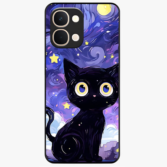 Abstract Cat Art Glass Case showing flat back view with artistic cat illustration and glossy glass finish.
