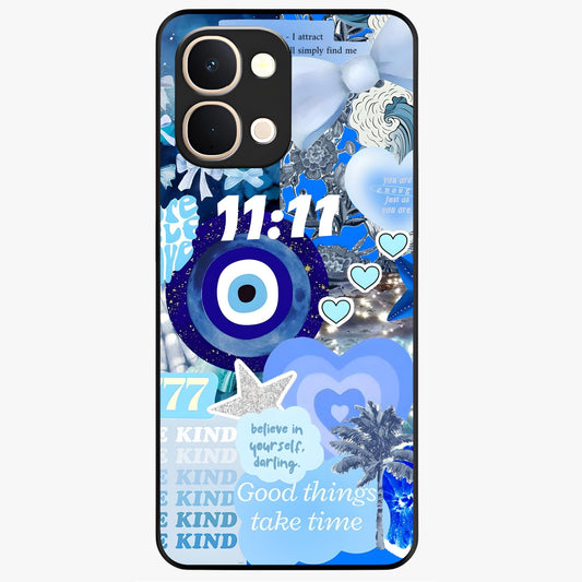 Aesthetic Be Kind Eye Glass Case showing flat back view with motivational eye artwork and glossy glass finish.