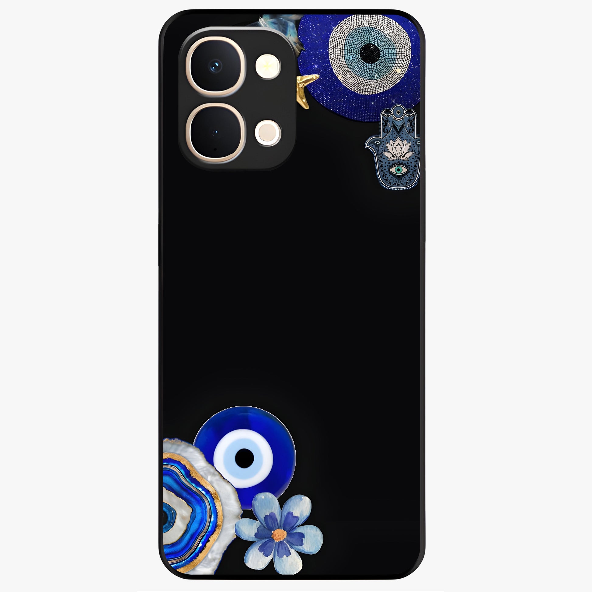 Aesthetic Blue Evil Eye Glass Case showing flat back view with protective evil eye artwork and glossy glass finish.