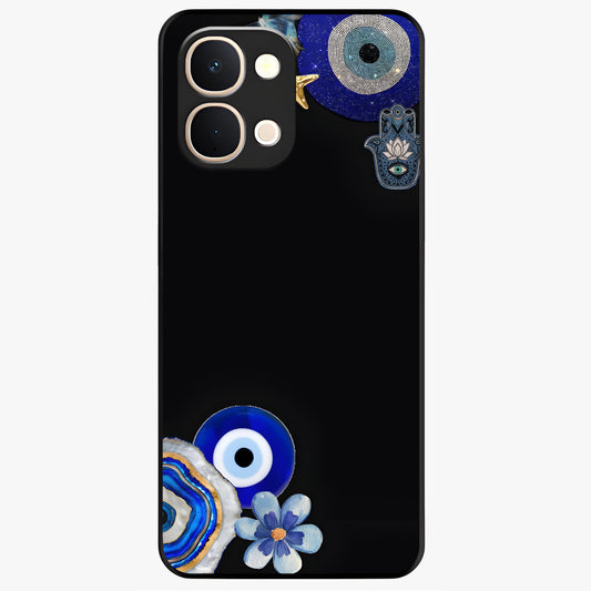 Aesthetic Blue Evil Eye Glass Case showing flat back view with protective evil eye artwork and glossy glass finish.