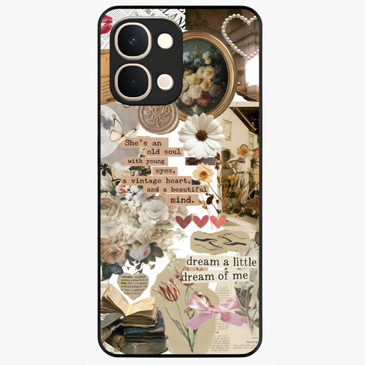 Aesthetic Brown Vintage Collage Glass Case showing flat back view with retro collage artwork and glossy glass finish.