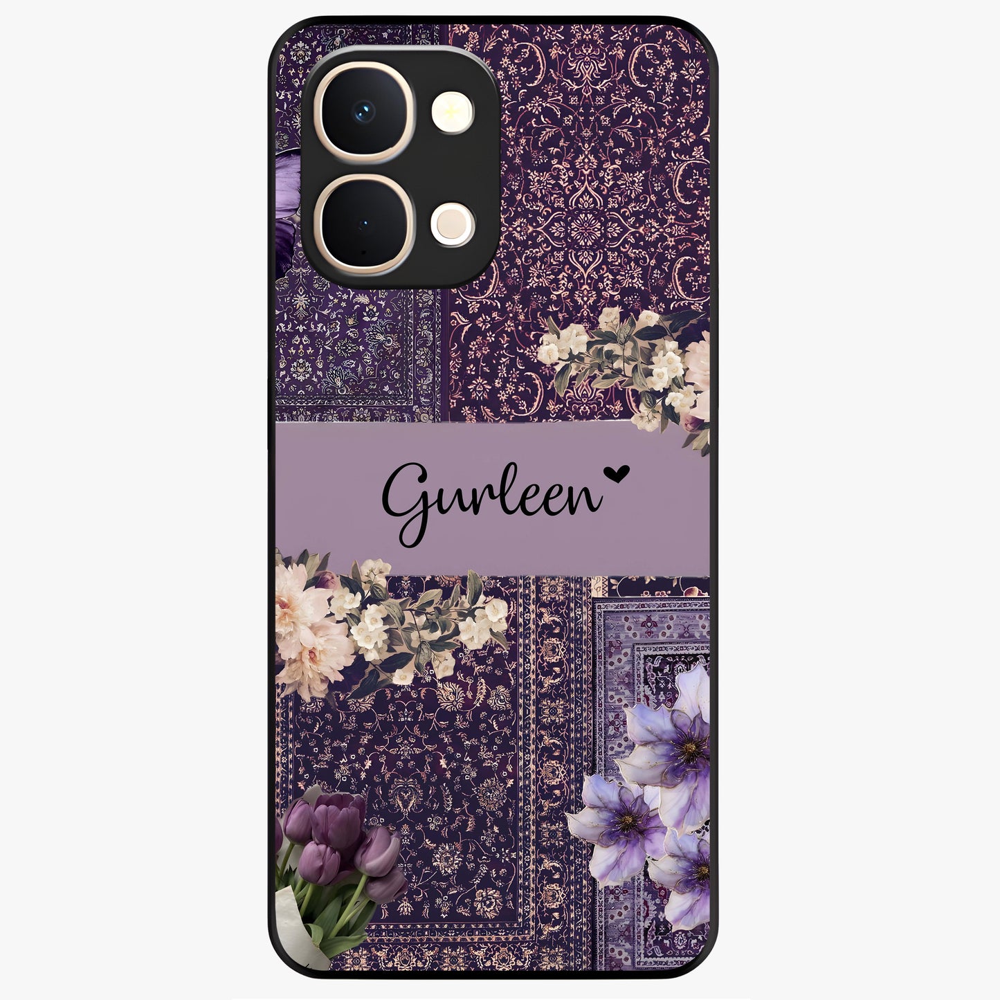 Antique Floral Whisper Custom Name Glass Case showing flat back view with vintage floral artwork and personalized name design.