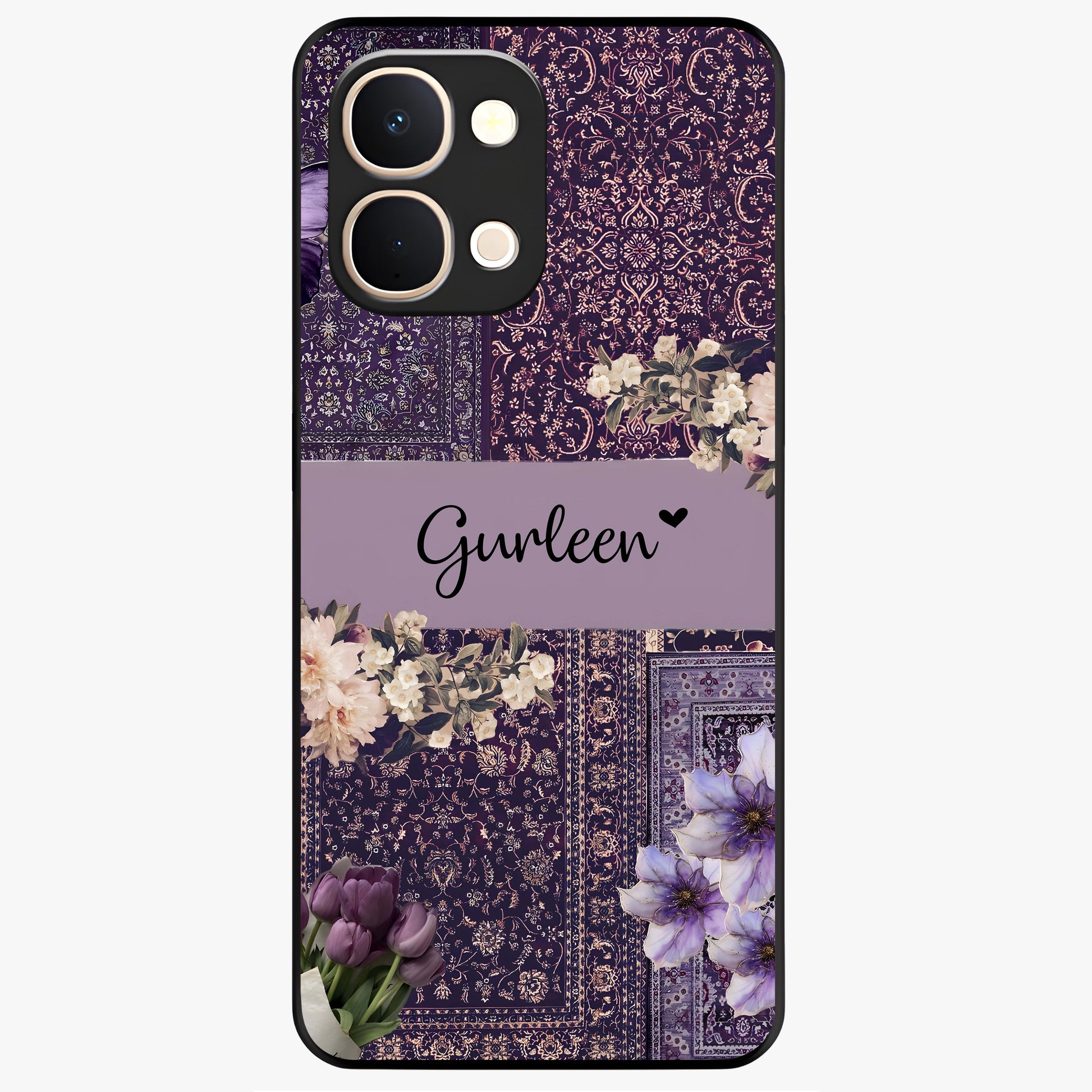 Antique Floral Whisper Custom Name Glass Case showing flat back view with vintage floral artwork and personalized name design.