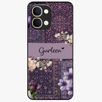 Antique Floral Whisper Custom Name Glass Case showing flat back view with vintage floral artwork and personalized name design.