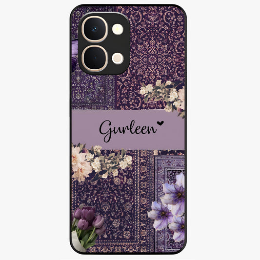 Antique Floral Whisper Custom Name Glass Case showing flat back view with vintage floral artwork and personalized name design.