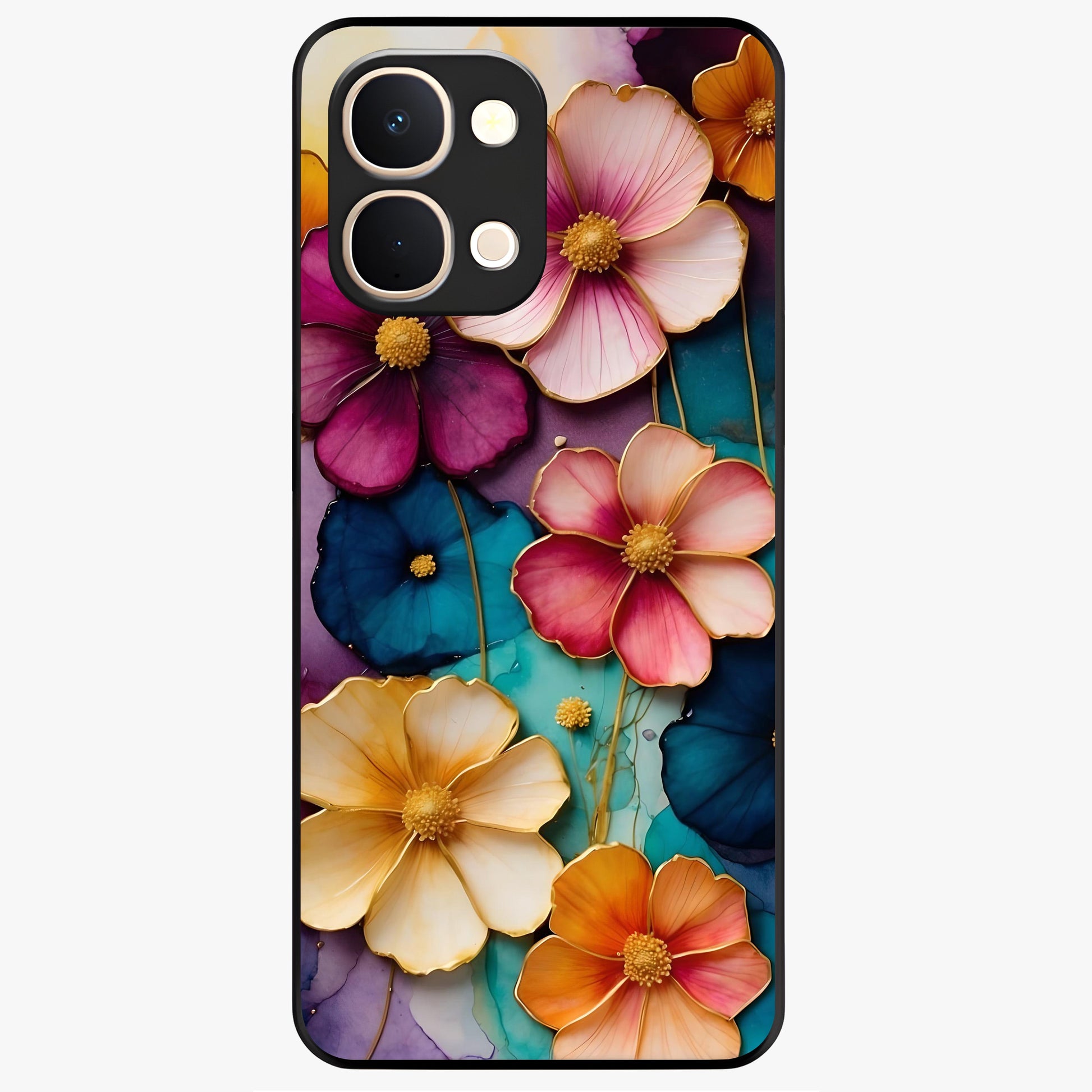 Artlyn Grace Flower Pattern Glass Case showing flat back view with elegant floral pattern artwork and glossy glass finish.