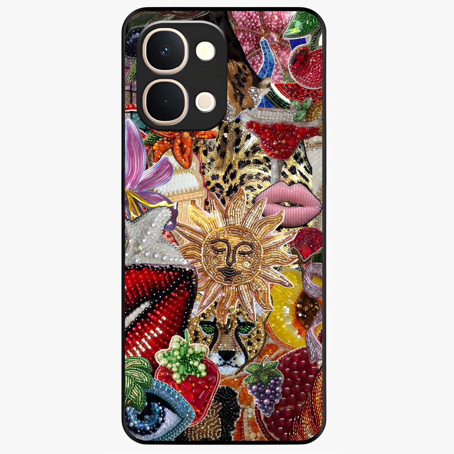 Beaded Fashion Jungle Glass Case showing flat back view with vibrant jungle inspired bead artwork and glossy glass finish.