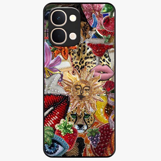 Beaded Fashion Jungle Glass Case showing flat back view with vibrant jungle inspired bead artwork and glossy glass finish.