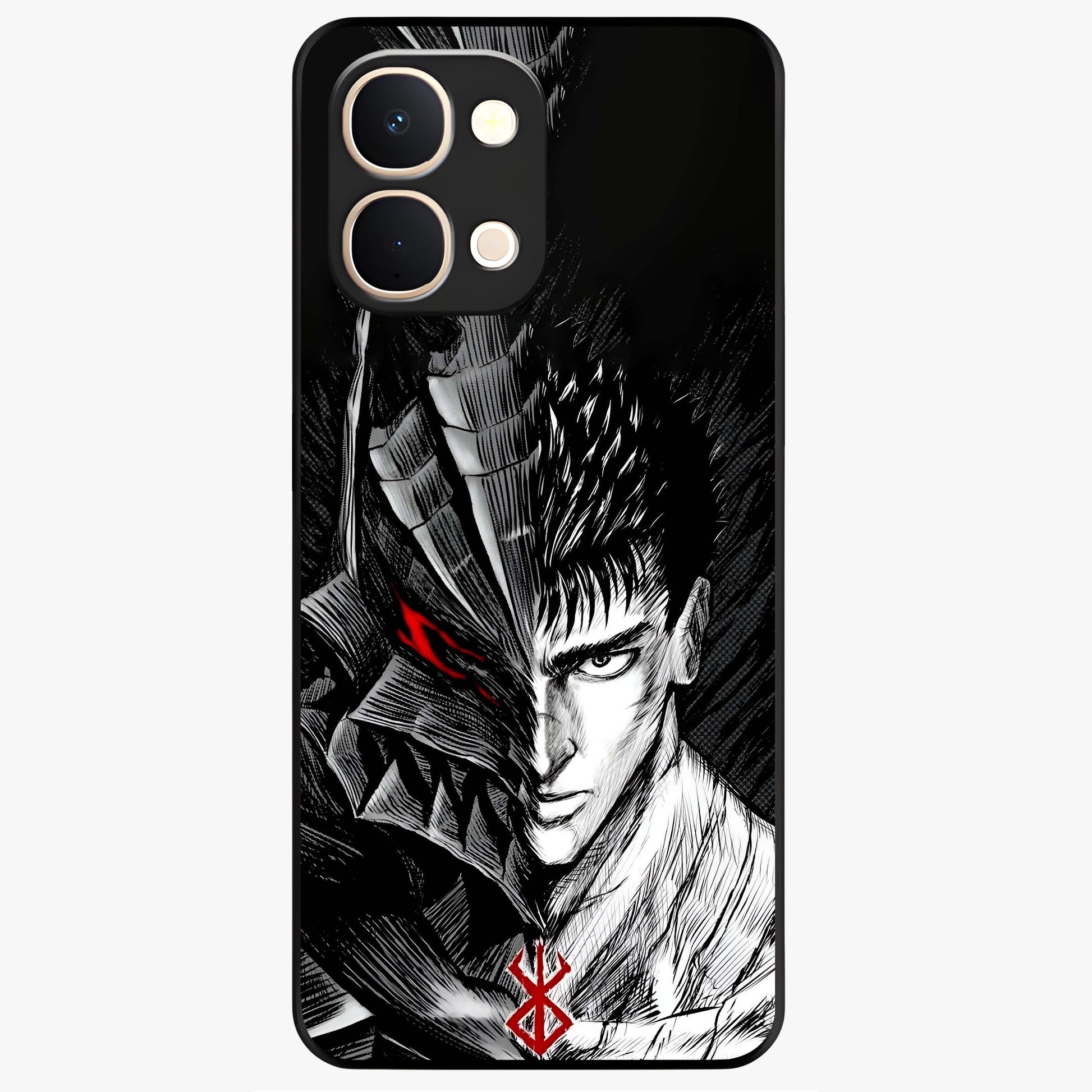 Berserker Blood Oath Glass Case showing flat back view with fierce warrior inspired artwork and glossy glass finish.