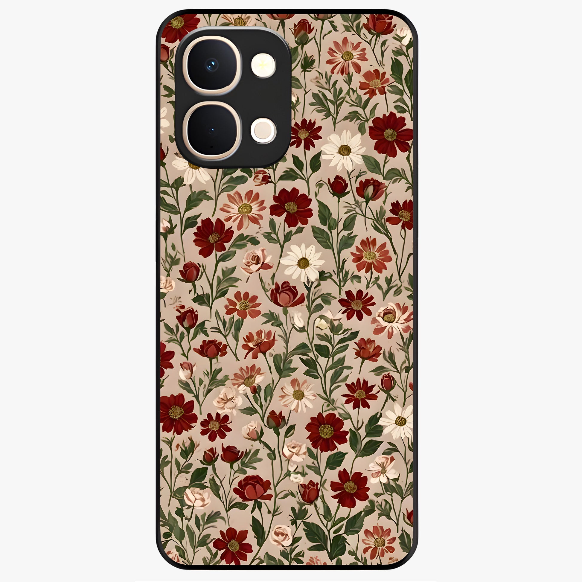 Biege Flower With Leaf Glass Case showing flat back view with soft beige floral artwork and glossy glass finish.