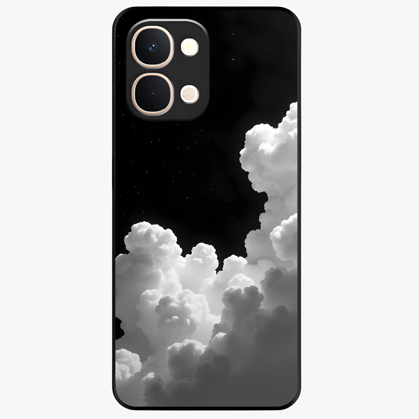 Black Background With White Cloud Glass Case showing flat back view with minimal cloud artwork on dark background and glossy glass finish.