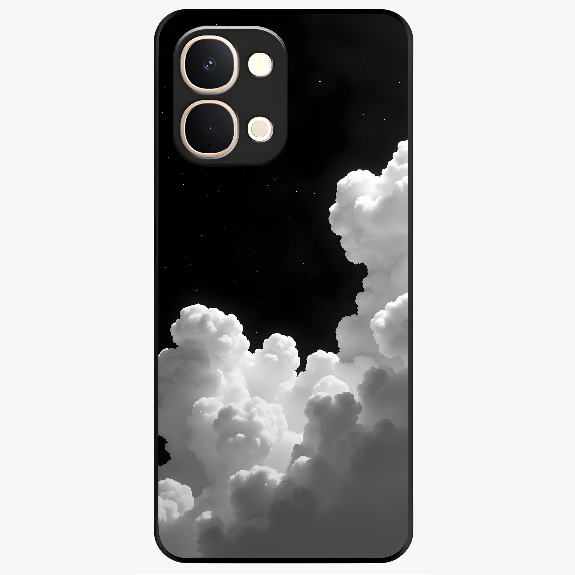 Black Background With White Cloud Glass Case showing flat back view with minimal cloud artwork on dark background and glossy glass finish.