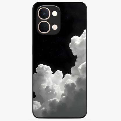 Black Background With White Cloud Glass Case showing flat back view with minimal cloud artwork on dark background and glossy glass finish.