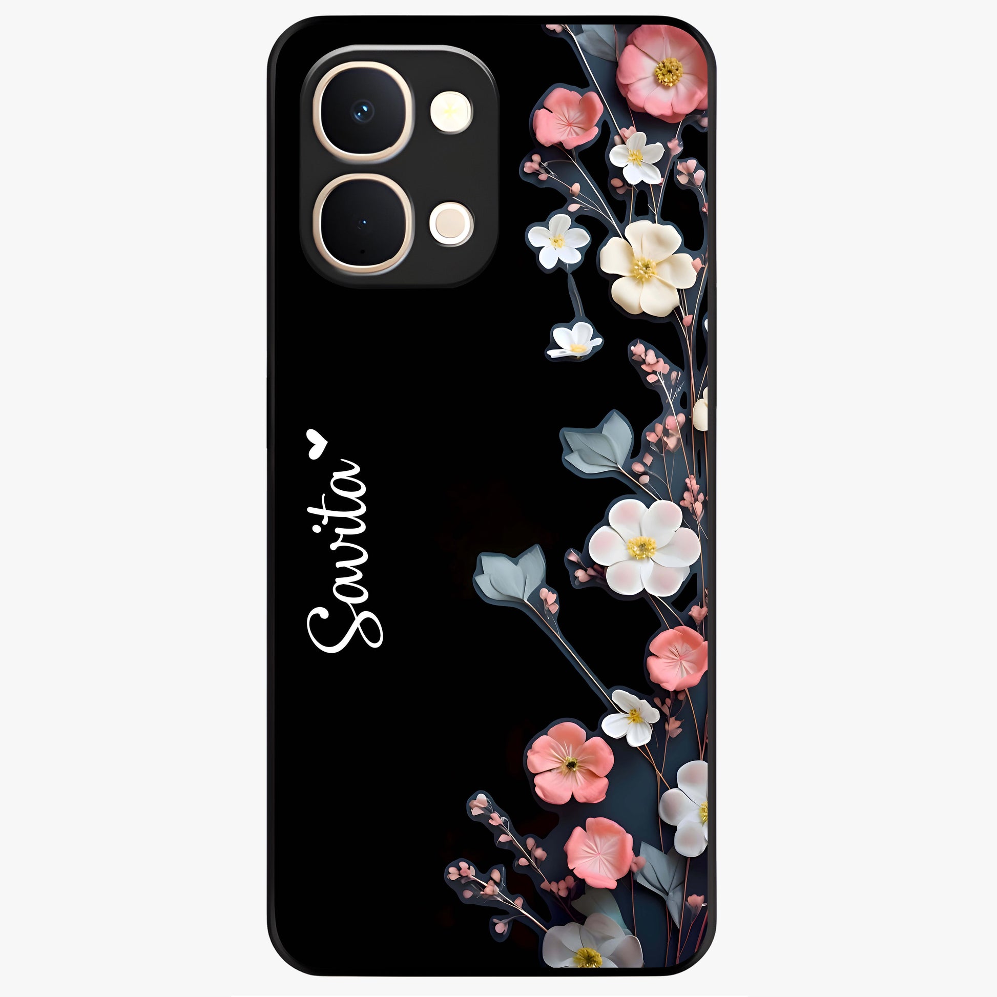 Black Elegance Floral Custom Name Glass Case showing flat back view with elegant floral artwork and personalized name design.