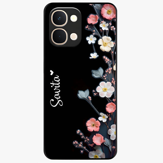 Black Elegance Floral Custom Name Glass Case showing flat back view with elegant floral artwork and personalized name design.