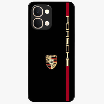 Black Minimal Porsche Glass Case showing flat back view with sleek minimal sports car artwork and glossy glass finish.