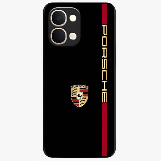 Black Minimal Porsche Glass Case showing flat back view with sleek minimal sports car artwork and glossy glass finish.