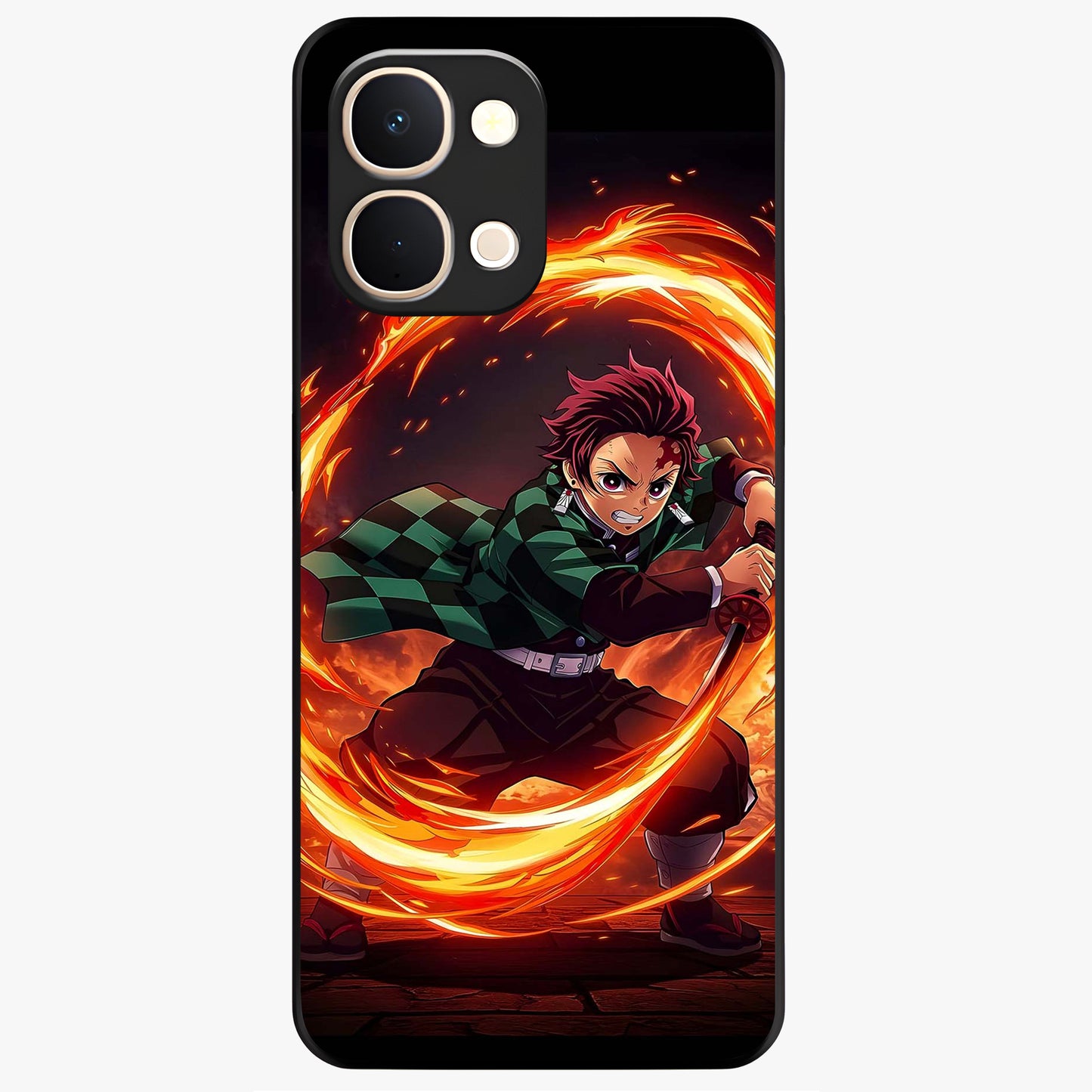 Blazing Sword Resolve Glass Case showing flat back view with fiery sword artwork and glossy glass finish.