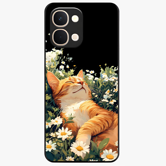 Blissful Bloom Cat Glass Case showing flat back view with cute cat and floral bloom artwork and glossy glass finish.