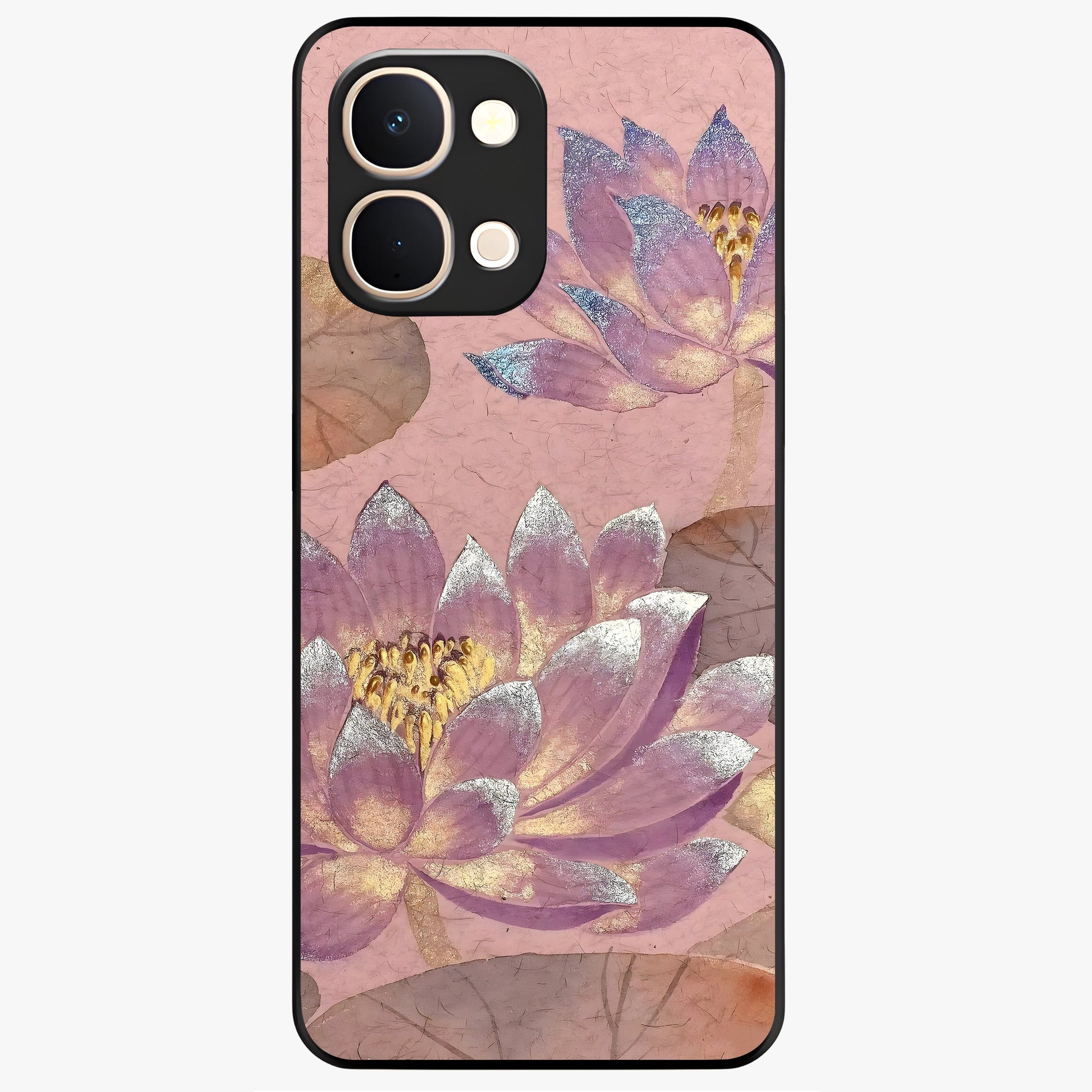 Blossom Mist Lotus Glass Case showing flat back view with serene lotus blossom artwork and glossy glass finish.