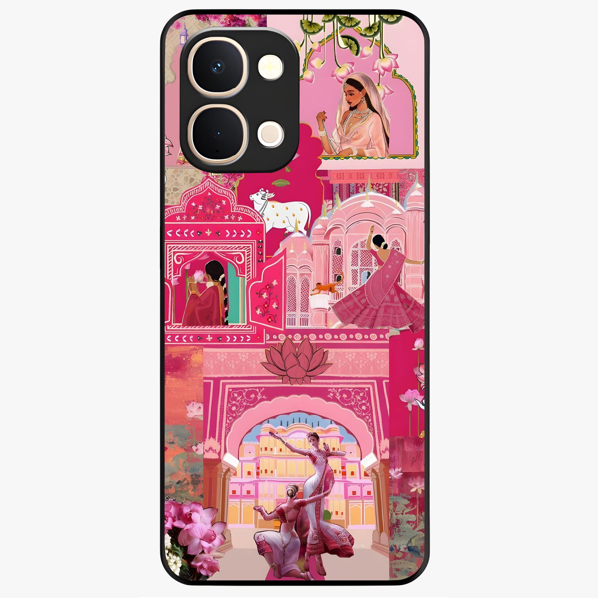 Blossoms of Rajasthan Glass Case showing flat back view with traditional floral artwork inspired by Rajasthan and glossy glass finish.
