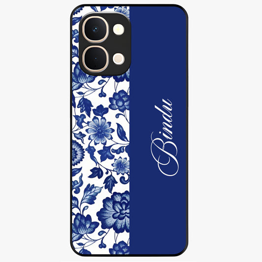 Blue Vintage Floral Pattern Glass Case upright view showcasing timeless floral illustration with vintage inspired style.