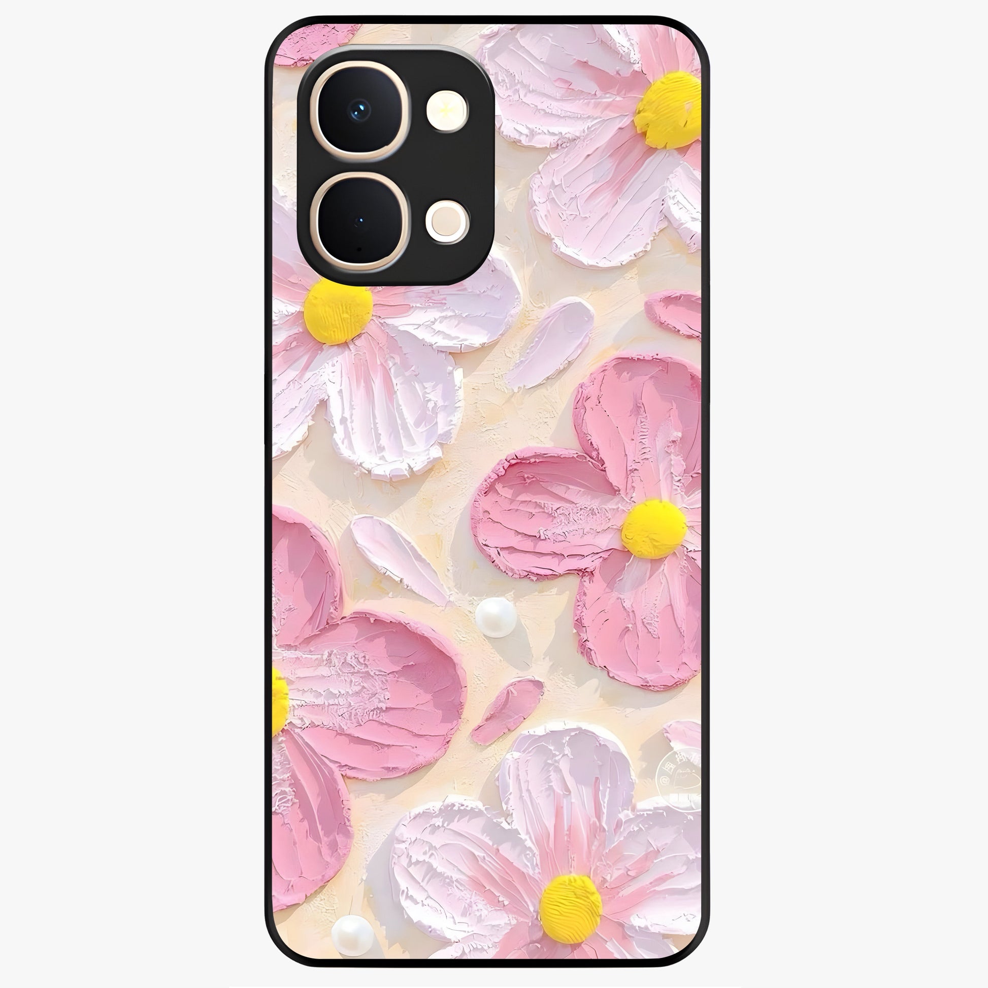 Blush Bloom Texture Glass Case showing flat back view with soft blush floral texture artwork and glossy glass finish.