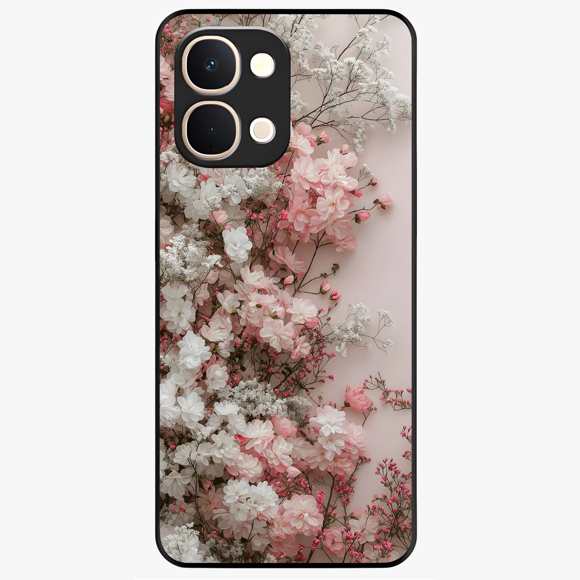 Blush Blossom Cloud Glass Case showing flat back view with dreamy blush cloud blossom artwork and glossy glass finish.