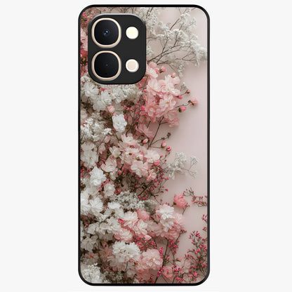 Blush Blossom Cloud Glass Case showing flat back view with dreamy blush cloud blossom artwork and glossy glass finish.