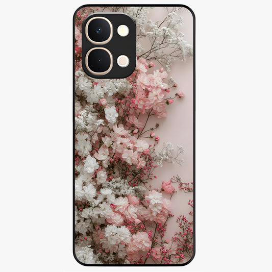 Blush Blossom Cloud Glass Case showing flat back view with dreamy blush cloud blossom artwork and glossy glass finish.