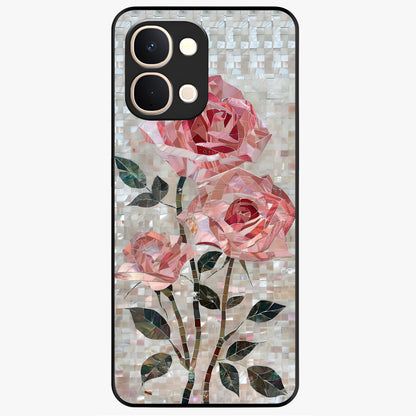 Blush Mosaic Bloom Glass Case showing flat back view with mosaic floral bloom artwork and glossy glass finish.