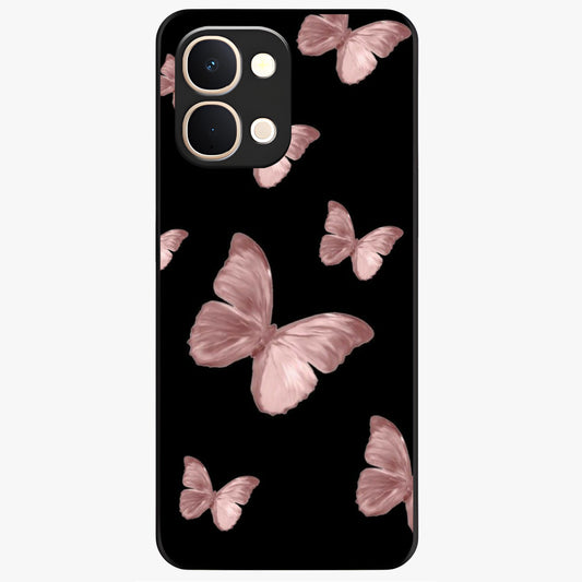 Butterfly Pattern Glass Case showing flat back view with elegant butterfly pattern artwork and glossy glass finish.