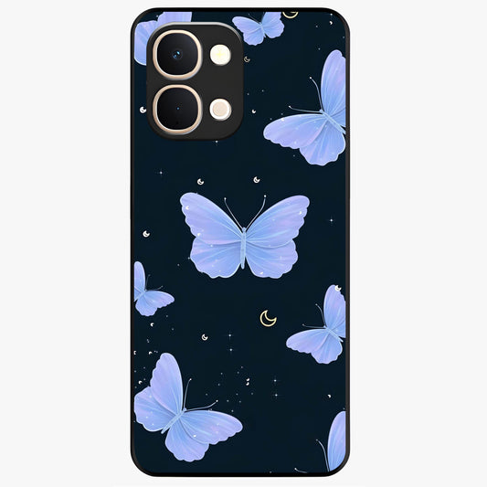 Butterfly With Stars Pattern Glass Case showing flat back view with butterfly and star pattern artwork and glossy glass finish.