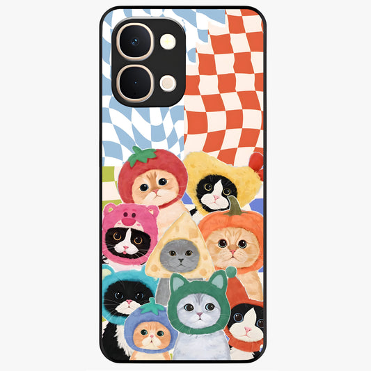 Cats in Fruits Glass Case showing flat back view with playful cat illustrations inside fruit artwork and glossy glass finish.