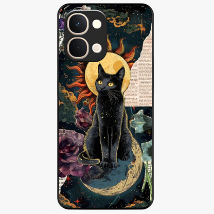 Celestial Black Cat Glass Case showing flat back view with mystical black cat artwork and glossy glass finish.